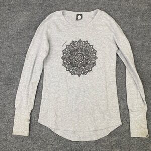 Slightly Buddha Women Gray Mandala Bloom Waffle Knit Thermal Long Sleeve Top Y2K